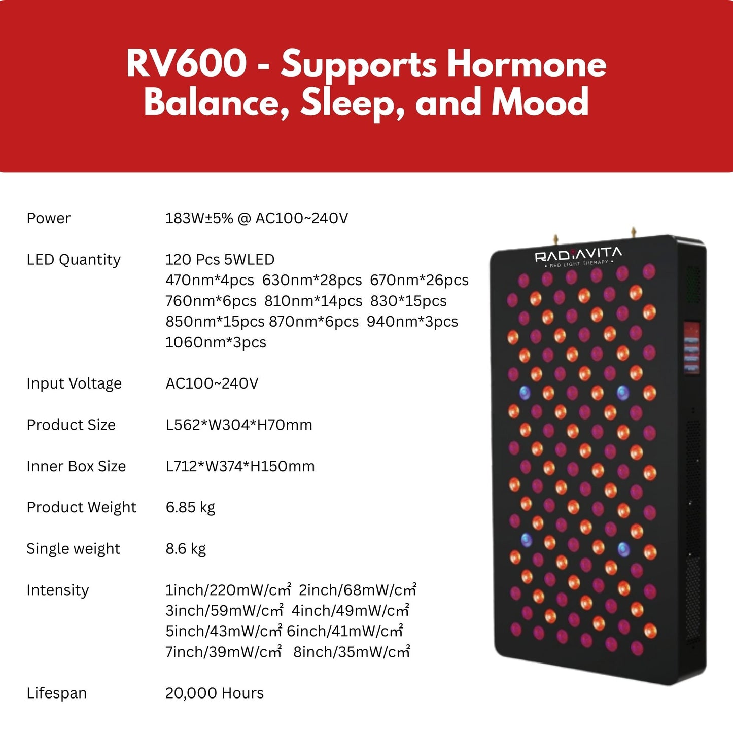 RadiaVita RV600 – Medium Size 10-Wavelength Red Light Therapy Panel