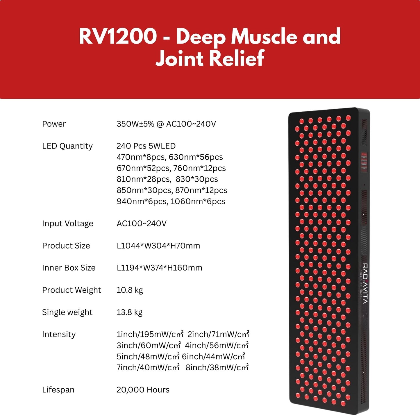 RadiaVita  RV1200 – Large Size 10-Wavelength Red Light Therapy Panel